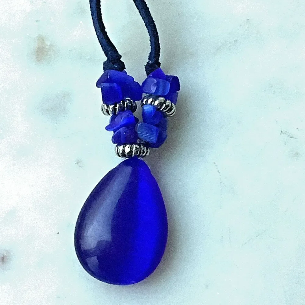 Cobalt Blue Glass Pendant Teardrop Beads Artistic Cord Necklace